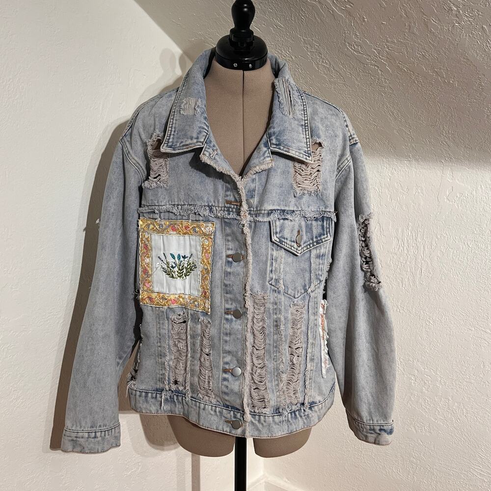 POL Embroidered Distressed Denim Jacket Women’s L Boutique Patchwork Cotton